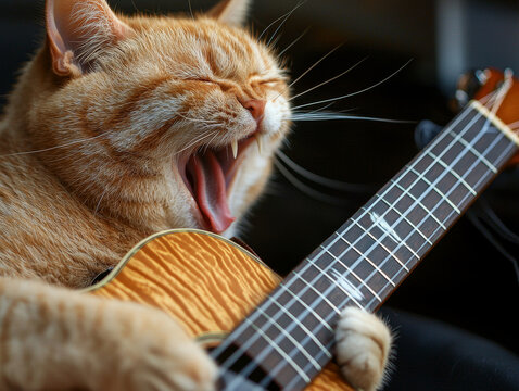 Ginger cat with closed eyes sings loudly, mouth wide open, while seemingly playing a small string instrument with its paws