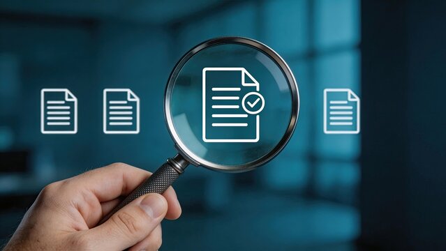 Hand holding magnifying glass examining document with checkmark icon for verification audit quality control compliance and digital approval process in modern business environment