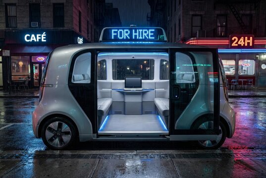 Futuristic autonomous robotaxi with open doors waiting at curb on rainy night