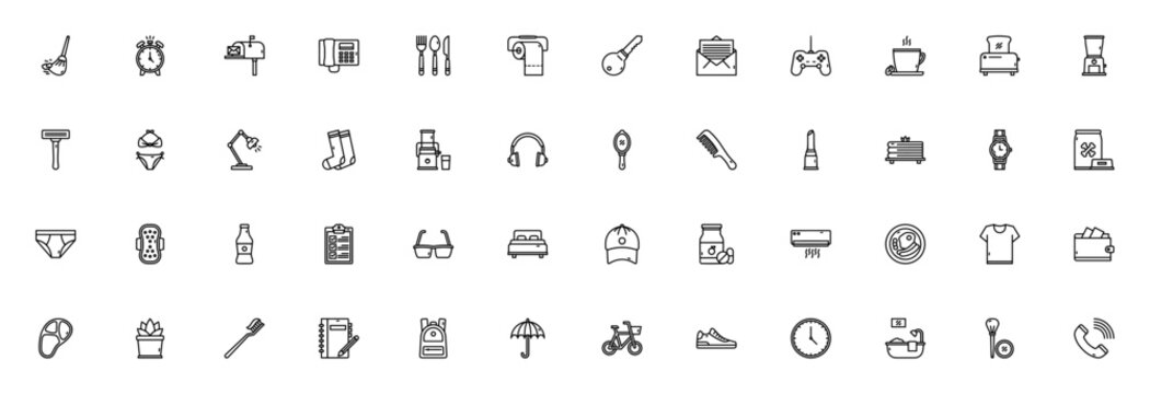 Everyday Stuff icon set. Vector collection of common objects including broom, alarm clock, mailbox, phone, cutlery, coffee, backpack, shoes and more. Editable line icons.
