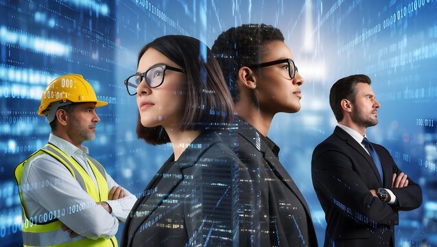 Professional team representing construction, tech, and corporate sectors integrated with digital data. Diverse experts look toward a futuristic skyline, symbolizing innovation and growth.