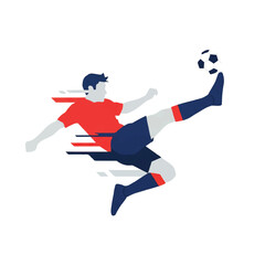 Obraz premium A minimalist side view of a soccer player performing a bicycle kick, the motion captured in sharp geometric shapes. Abstract representation of speed. Palette: Bright red, navy blue, light grey,