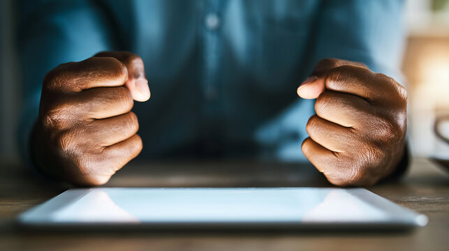 Frustrated man clenched fist anger stress tablet hand, clenched fists over tablet desk, frustrated emotion during online work