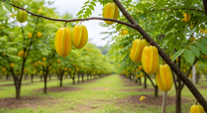 kebun pertanian buah belimbing kuning matang pohon dahan daun hijau baris tanaman agrikultur organik panen alam tropis pedesaan industri budidaya segar sehat