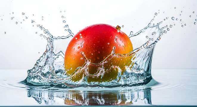 buah mangga utuh merah kuning jatuh ke air jernih percikan besar segar dinamis latar belakang studio hidrasi nutrisi sehat diet minuman