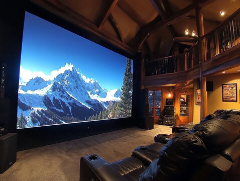 Grand home cinema in a multi-level lodge with a huge screen showing a vibrant mountain landscape and luxurious recliners