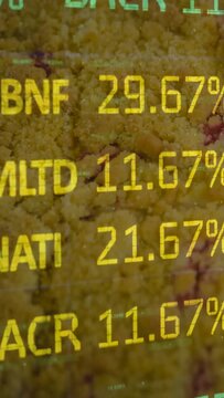 Vertical video: Data overlay scrolling over crumbly yellow surface, updating finance % on refresh