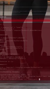 Vertical video: Woman stepping in gym, initiating red code overlay for fitness data filling frame