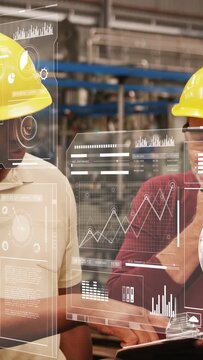 Vertical video: Tech tapping tablet causing AR charts while lead reading metrics deciding plant fix