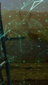 Vertical video: On activation cyan holographic globe on window rotating and pulsing to show data