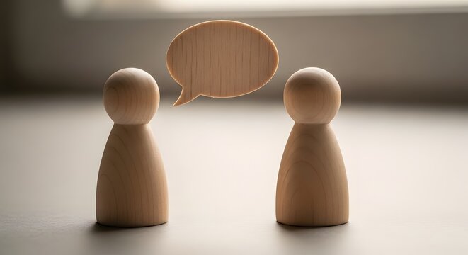 dua figur manusia kayu dengan gelembung obrolan kosong konsep komunikasi dialog interaksi sosial jaringan tim negosiasi ide pertukaran umpan balik bisnis