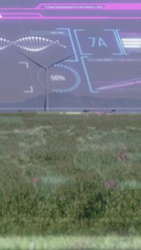 Vertical video: Field staying while frames advancing HUD gauge changing turbines rising for energy