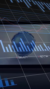 Vertical video: Globe receiving data feed, driving bars and lines upward, showing business data