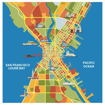 San Francisco City Map Illustration with Landmarks and Bay Area