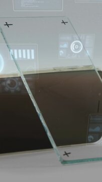 Vertical video: Glass panel sliding above phone, HUD overlay flagging alignment offsets for QA