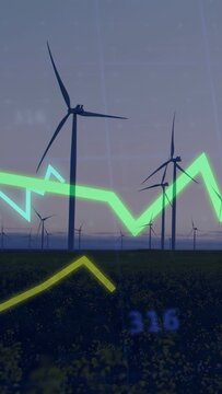Vertical video: Overlay appearing at dusk, line graphs flowing over turbines, showing wind power