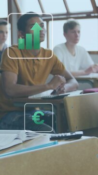 Vertical video: Seated pupil writing as lesson starting, chart icons rising over face, aiding study
