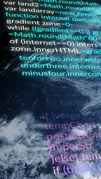 Vertical video: Camera starting code overlay scrolling down over globe, showing HTML tags for tech