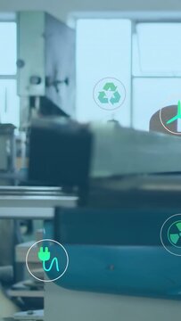Vertical video: Metal bed shifting, eco icons appearing and floating, revealing workshop safety