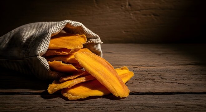 manisan irisan buah mangga kering tumpah dari karung goni meja kayu pedesaan camilan sehat organik tradisional makanan ringan diet nutrisi