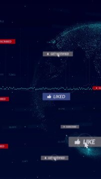 Vertical video: Cursor clicking LIKE badge, causing LIKED ripple and chips, confirming social media