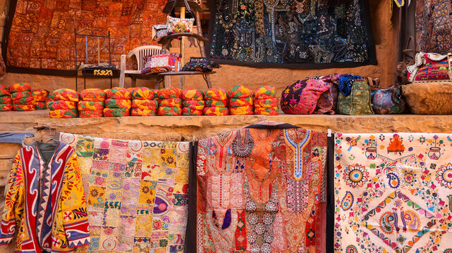 Colorful traditional Indian textiles for sale in Jaisalmer market
