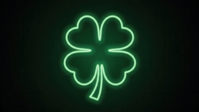 Vibrant green neon four-leaf clover illuminating a dark background, symbolizing luck and prosperity