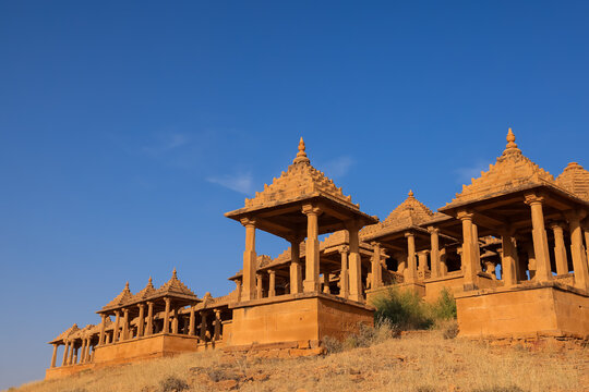 Bada Bagh cenotaphs standing on arid landscape in Jaisalmer, Rajasthan