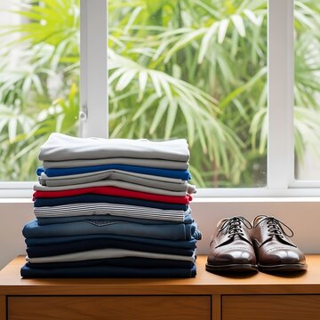 Neatly Folded Clothes and Shoes by a Window.