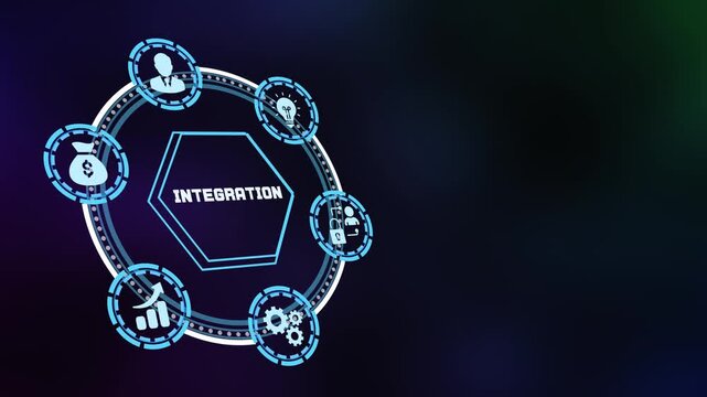 System integration concept showing unified business processes with interconnected digital icons and futuristic technology interface design