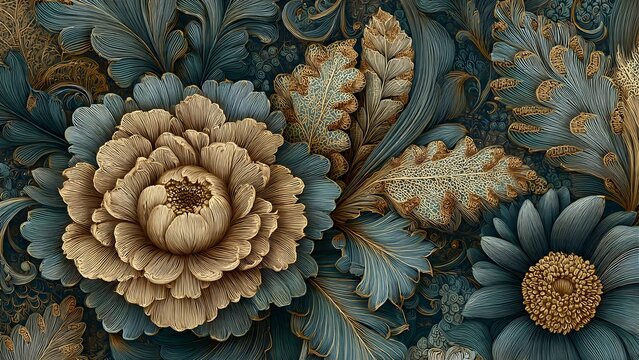 Blue and gold blue yellow blue red floral vintage nature pattern illustration with decorative leaves and bouquet textures