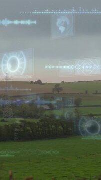Vertical video: Rolling fields receiving AR HUD after camera panning, showing waveform and code