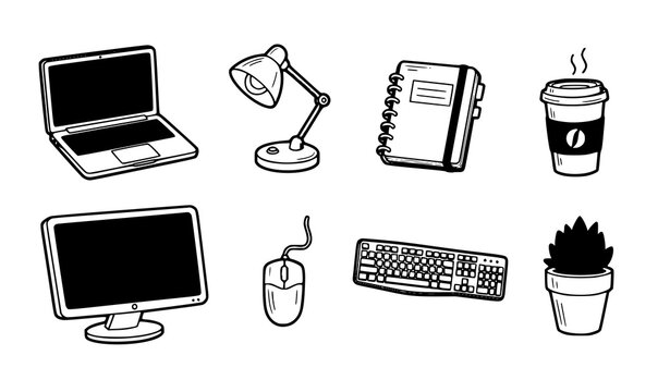 A set of office supplies and technology in a minimalist line art style