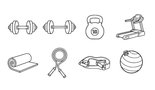 A set of fitness icons including dumbbells, kettlebell, and exercise equipment