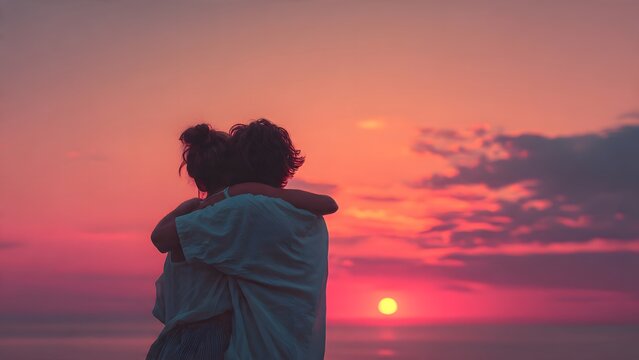 Silhouette of a girl at sunset on the beach with ocean and sky