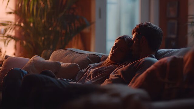 Young couple relaxing on sofa watching TV in a cozy living room