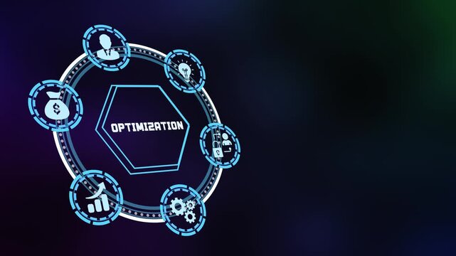 Efficient process optimization and digital management system with glowing blue circular interface and professional networking symbols.