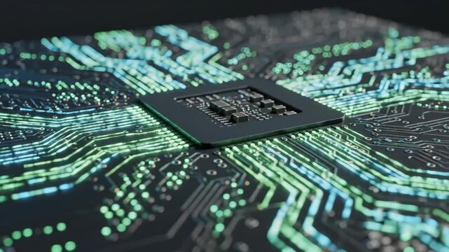 Microchip circuit board processor closeup glowing traces green and blue microscopic silicon chip circuit board closeup with glowing signal traces