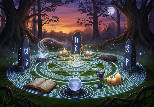 Mystical Ritual Circle in Enchanted Forest at Dusk with Runestones.