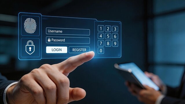 Futuristic hologram login interface with fingerprint scan password entry and numeric keypad secure biometric authentication cyber security concept hand touching virtual screen