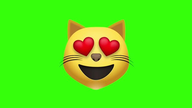 3D Animated Smiling Cat Face with Heart-Eyes Emoji (Green Screen)