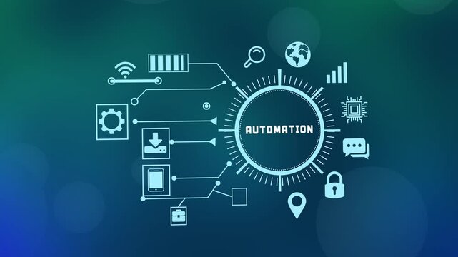  Industrial automation concept with robotic and gear icons on a digital HUD interface showing smart manufacturing and workflow efficiency.
