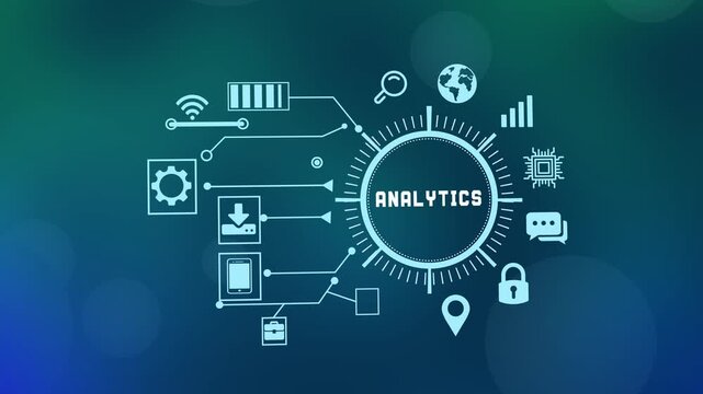 Advanced data analytics concept with research and graph icons on a digital interface representing business intelligence and insight discovery.