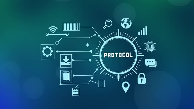 Secure data transfer protocol and network communication standards concept with high-tech HUD interface and connectivity symbols.