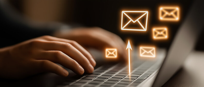 仕事でメールを大量送信する様子とビジネスの飛躍を象徴する画像