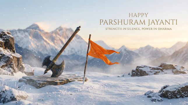 Parshuram jayanti celebration with axe and orange flag in snowy mountain landscape