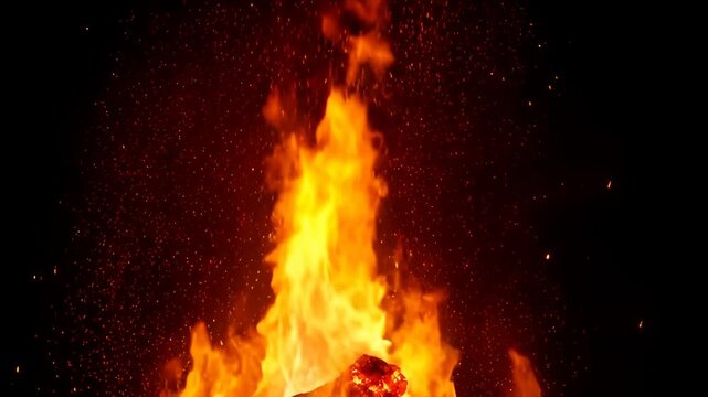 Fire Flame Embers Sparks Heat Blaze Burning Orange Glow Black Background Smoke Hot Firepit Campfire Bonfire Inferno Dark Night with Bright Orange Heat and Glowing Embers, Fire Flame Ember Spark Heat