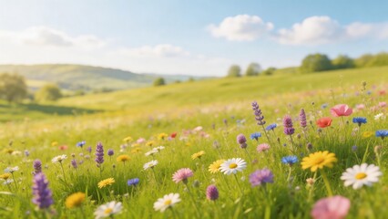 Fototapeta premium A picturesque summer landscape featuring a vast field of colorful wildflowers including daisies and lavender. Rolling green hills and a blue sky with soft clouds in the background under bright sunligh