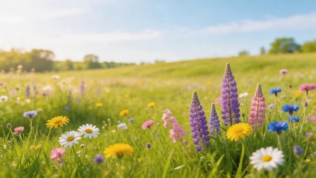 A beautiful ground-level view of purple lupines, yellow daisies, and blue cornflowers blooming in a green meadow. Soft sunlight creates a warm and vibrant floral atmosphere.