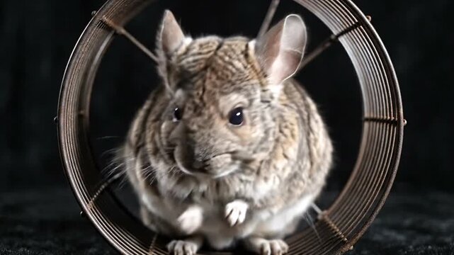 Cute fluffy chinchilla sitting inside a metal exercise wheel.
